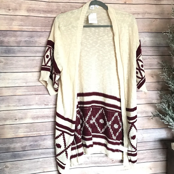 Say What? Cream burgundy print oversized cardigan - Picture 2 of 5